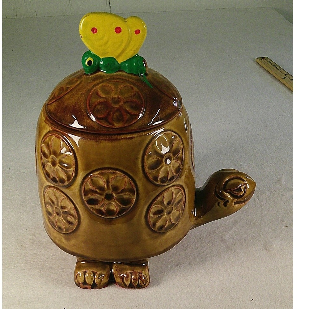 Vintage McCoy Pottery Turtle Cookie Jar with Butterfly Lid 271 USA Brown Glaze